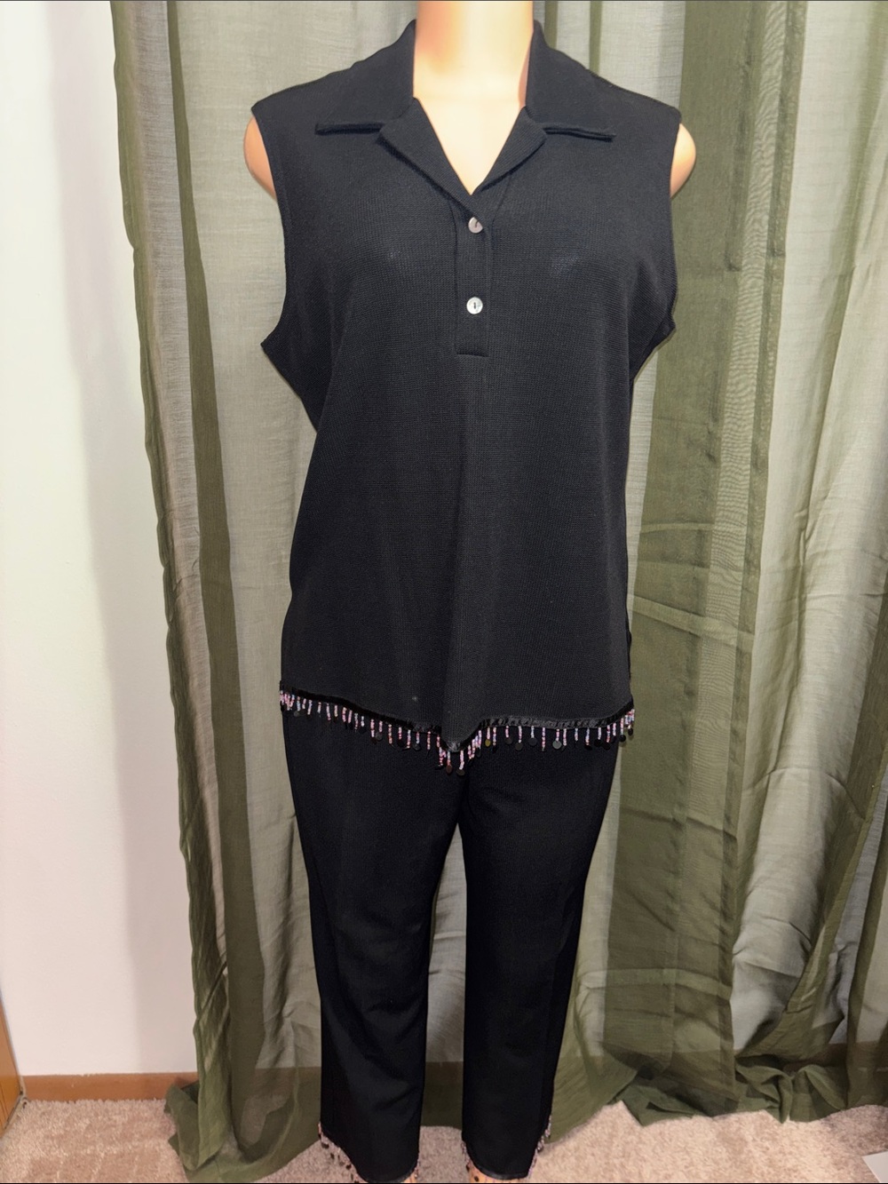 Sleeveless Black Beaded Hem Top & Pants Set